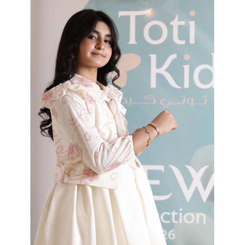 طقم فستان بناتي مع جاكيت بوليرو | تصميم مورد وربطة عنق - 1045 طقم فستان بناتي مع جاكيت بوليرو | تصميم مورد وربطة عنق - 1045