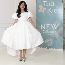 فستان بناتي أبيض بأكمام منفوشة وتطريز | فستان هاي لو فاخر - M3751 فستان بناتي أبيض بأكمام منفوشة وتطريز | فستان هاي لو فاخر - M3751