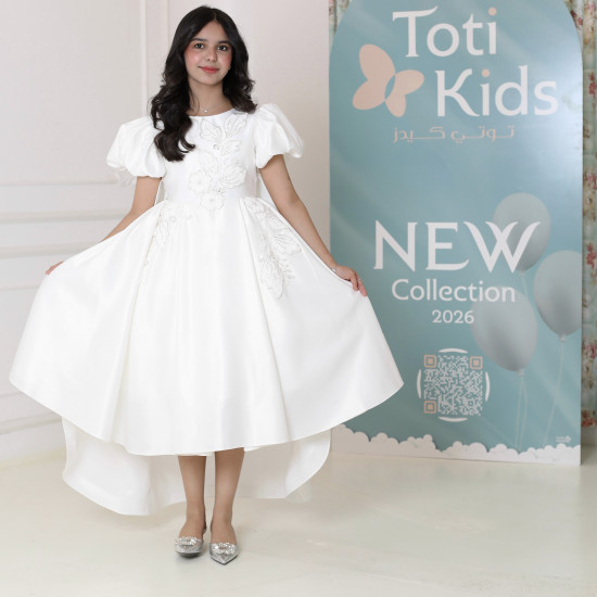 فستان بناتي أبيض بأكمام منفوشة وتطريز | فستان هاي لو فاخر - M3751