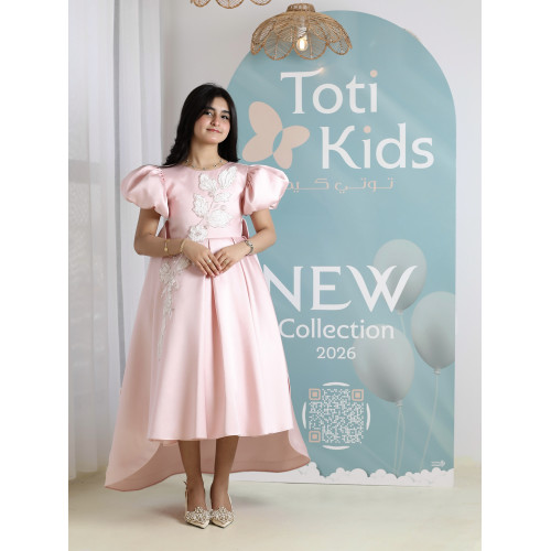 فستان بناتي وردي بأكمام منفوشة وتطريز | فستان هاي لو فاخر - M3751
