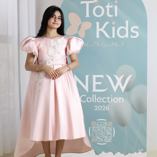 فستان بناتي وردي بأكمام منفوشة وتطريز | فستان هاي لو فاخر - M3751