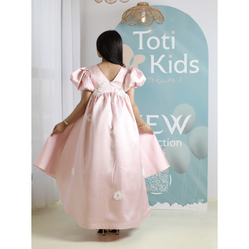 فستان بناتي وردي بأكمام منفوشة وتطريز | فستان هاي لو فاخر - M3751