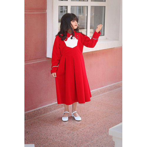 فستان بناتي مخمل أحمر بياقة مرصعة | فستان شتوي كلاسيكي - M3767