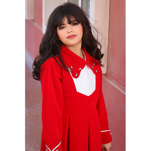 فستان بناتي مخمل أحمر بياقة مرصعة | فستان شتوي كلاسيكي - M3767