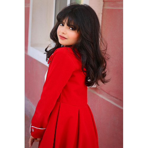 فستان بناتي مخمل أحمر بياقة مرصعة | فستان شتوي كلاسيكي - M3767