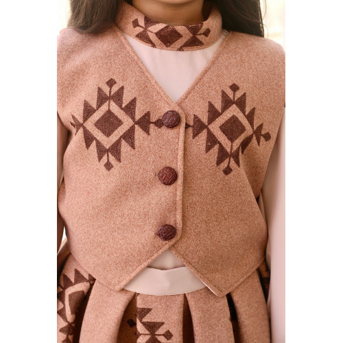 طقم تيور بناتي شتوي | سديري وتنورة بنقشة تراثية - M3772