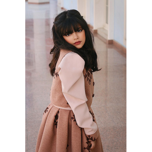 طقم تيور بناتي شتوي | سديري وتنورة بنقشة تراثية - M3772