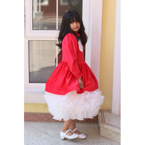 فستان بناتي أحمر وتنورة كب كيك | فستان شتوي للحفلات - M3775