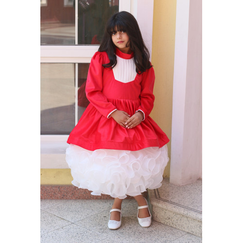 فستان بناتي أحمر وتنورة كب كيك | فستان شتوي للحفلات - M3775