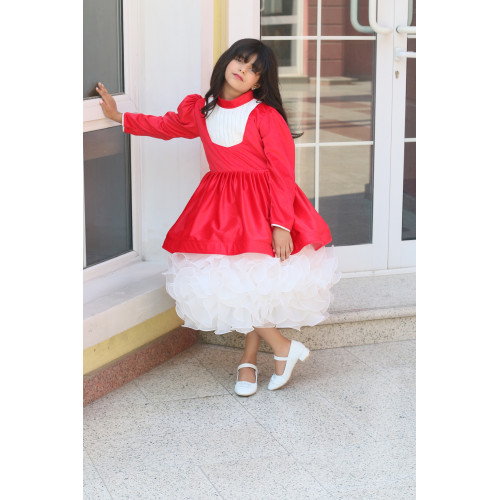 فستان بناتي أحمر وتنورة كب كيك | فستان شتوي للحفلات - M3775