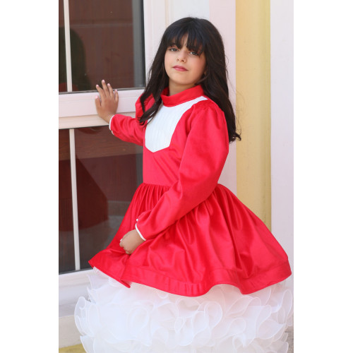 فستان بناتي أحمر وتنورة كب كيك | فستان شتوي للحفلات - M3775