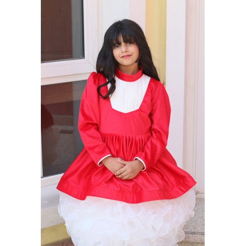 فستان بناتي أحمر وتنورة كب كيك | فستان شتوي للحفلات - M3775