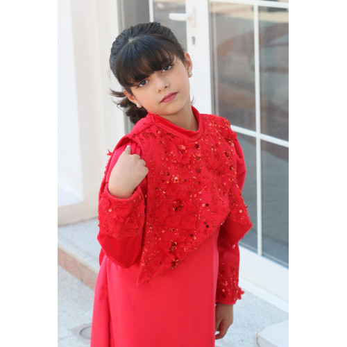 طقم فستان بناتي أحمر مع بوليرو مطرز | فستان سهرة فاخر - m3774