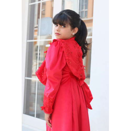 طقم فستان بناتي أحمر مع بوليرو مطرز | فستان سهرة فاخر - m3774