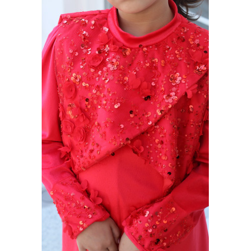 طقم فستان بناتي أحمر مع بوليرو مطرز | فستان سهرة فاخر - m3774