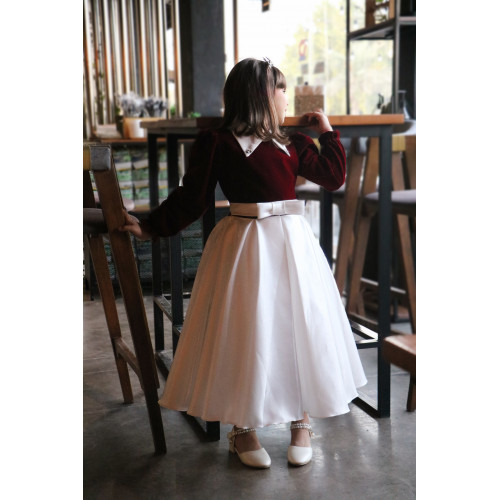 فستان بناتي مخمل عنابي وتنورة بيضاء | إطلالة ملكية شتوية - 1113