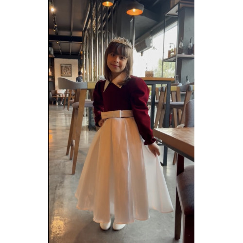 فستان بناتي مخمل عنابي وتنورة بيضاء | إطلالة ملكية شتوية - 1113