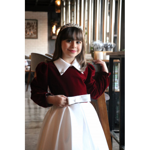 فستان بناتي مخمل عنابي وتنورة بيضاء | إطلالة ملكية شتوية - 1113