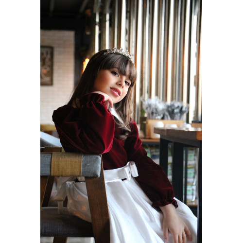 فستان بناتي مخمل عنابي وتنورة بيضاء | إطلالة ملكية شتوية - 1113