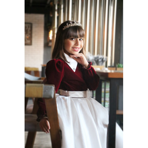 فستان بناتي مخمل عنابي وتنورة بيضاء | إطلالة ملكية شتوية - 1113