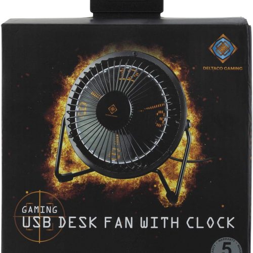  Deltaco Gaming USB Desk Fan With Clock, Displays Hours, Minutes and Seconds, Black