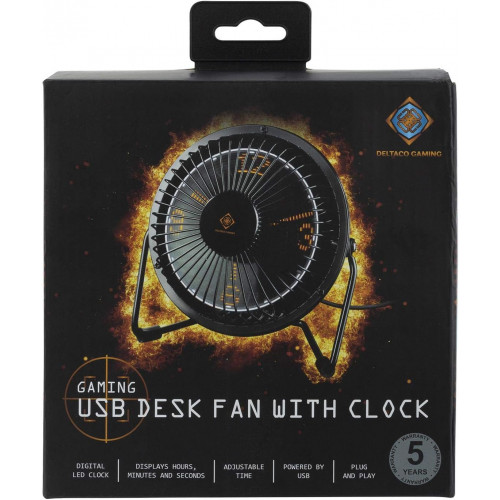  Deltaco Gaming USB Desk Fan With Clock, Displays Hours, Minutes and Seconds, Black