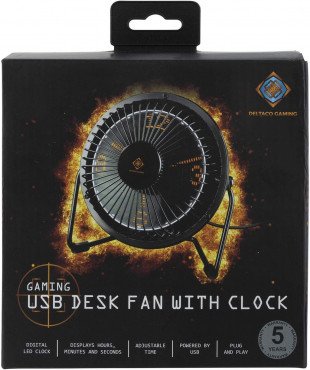  Deltaco Gaming USB Desk Fan With Clock, Displays Hours, Minutes and Seconds, Black