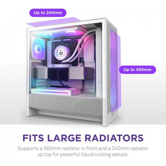 صندوق كمبيوتر العاب  H5 Flow RGB | حجم متوسط | يدعم ATX | من شركة NZXT | ابيض | طراز H5 Flow RGB