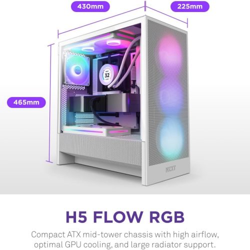 صندوق كمبيوتر العاب  H5 Flow RGB | حجم متوسط | يدعم ATX | من شركة NZXT | ابيض | طراز H5 Flow RGB