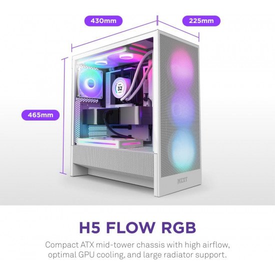 صندوق كمبيوتر العاب  H5 Flow RGB | حجم متوسط | يدعم ATX | من شركة NZXT | ابيض | طراز H5 Flow RGB