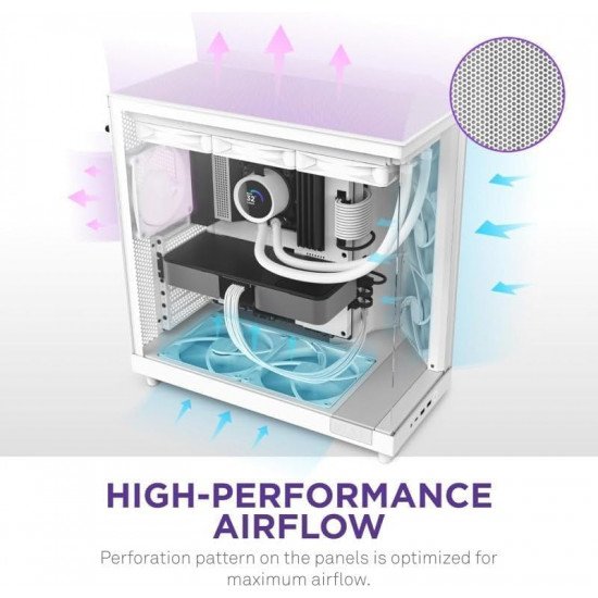 صندوق كمبيوتر العاب  H6 Flow Tempered Glass | حجم متوسط | يدعم ATX | من شركة  NZXT | ابيض | طراز H6 Flow Tempered Glass