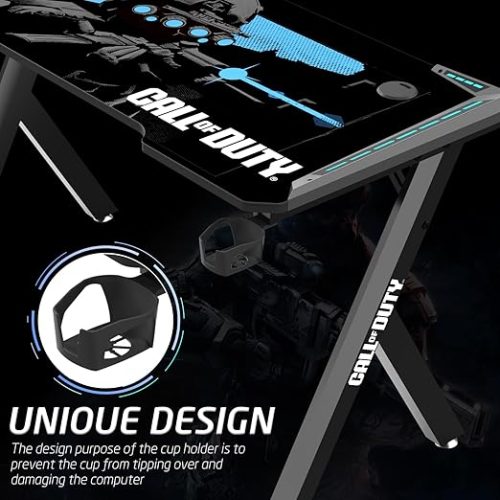 Call Of Duty (COD) Hawksbill Series RGB Flowing Light Gaming Desk With Mouse pad, Headphone Hook & Cup Holder - Black/Blue Call Of Duty (COD) Hawksbill Series RGB Flowing Light Gaming Desk With Mouse pad, Headphone Hook & Cup Holder - Black/Blue