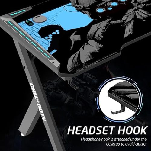 Call Of Duty (COD) Hawksbill Series RGB Flowing Light Gaming Desk With Mouse pad, Headphone Hook & Cup Holder - Black/Blue Call Of Duty (COD) Hawksbill Series RGB Flowing Light Gaming Desk With Mouse pad, Headphone Hook & Cup Holder - Black/Blue