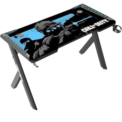Call Of Duty (COD) Hawksbill Series RGB Flowing Light Gaming Desk With Mouse pad, Headphone Hook & Cup Holder - Black/Blue Call Of Duty (COD) Hawksbill Series RGB Flowing Light Gaming Desk With Mouse pad, Headphone Hook & Cup Holder - Black/Blue