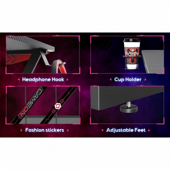GAMEON L-Shaped Slayer I Series Gaming Desk (Size: 129*129*74cm & Table top 80*46cm) With Headset Hook, Cup Holder & Accessories Stand - Black