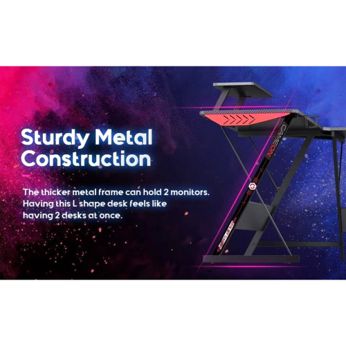 GAMEON L-Shaped Slayer I Series Gaming Desk (Size: 129*129*74cm & Table top 80*46cm) With Headset Hook, Cup Holder & Accessories Stand - Black