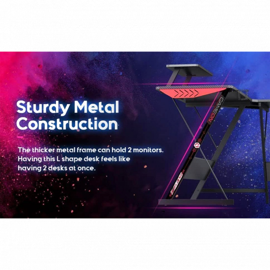 GAMEON L-Shaped Slayer I Series Gaming Desk (Size: 129*129*74cm & Table top 80*46cm) With Headset Hook, Cup Holder & Accessories Stand - Black
