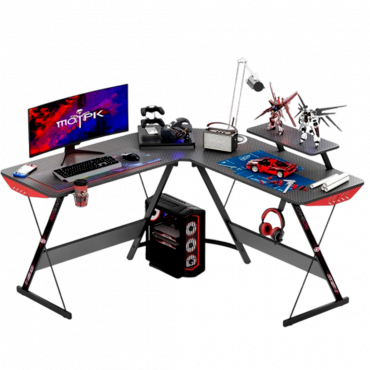 GAMEON L-Shaped Slayer I Series Gaming Desk (Size: 129*129*74cm & Table top 80*46cm) With Headset Hook, Cup Holder & Accessories Stand - Black