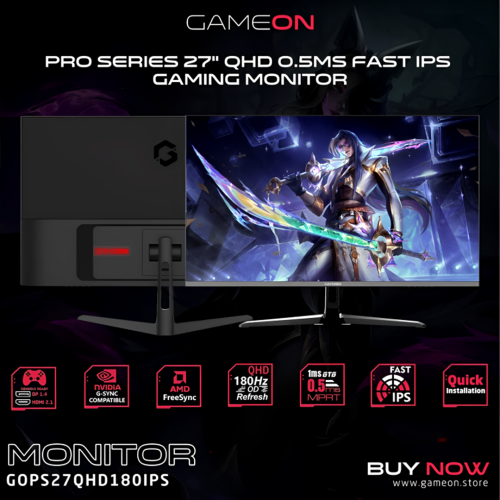 GAMEON GOPS27QHD180IPS Pro Series 27" QHD, 180Hz, MPRT 0.5ms, HDMI 2.1, Fast IPS Gaming Monitor (Supports PS5) - Black GAMEON GOPS27QHD180IPS Pro Series 27" QHD, 180Hz, MPRT 0.5ms, HDMI 2.1, Fast IPS Gaming Monitor (Supports PS5) - Black