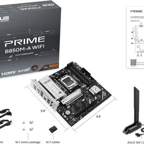 ASUS PRIME B850M-A WIFI Motherboard, AMD AM5, DDR5, PCIe 5.0, WiFi 6E – Micro-ATX ASUS PRIME B850M-A WIFI Motherboard, AMD AM5, DDR5, PCIe 5.0, WiFi 6E – Micro-ATX