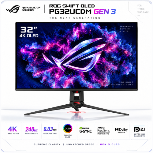 ASUS ROG Swift OLED PG32UCDM3 Gen 3 32” 4K 240Hz Tandem QD-OLED Gaming Monitor – 0.03ms, BlackShield, G-SYNC, DisplayPort 2.1a