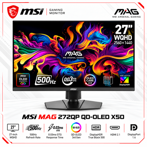 MSI MAG 272QP QD-OLED X50 27-inch Gaming Monitor, WQHD 2K (2560x1440), 500Hz, 0.03ms, QD-OLED, HDR True Black 500, HDMI 2.1 MSI MAG 272QP QD-OLED X50 27-inch Gaming Monitor, WQHD 2K (2560x1440), 500Hz, 0.03ms, QD-OLED, HDR True Black 500, HDMI 2.1