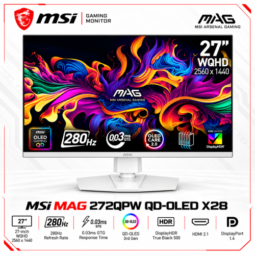 MSI MAG 272QPW QD-OLED X28 27-inch Gaming Monitor, WQHD 2K, 280Hz, 0.03ms, HDMI 2.1, HDR True Black 400, White MSI MAG 272QPW QD-OLED X28 27-inch Gaming Monitor, WQHD 2K, 280Hz, 0.03ms, HDMI 2.1, HDR True Black 400, White