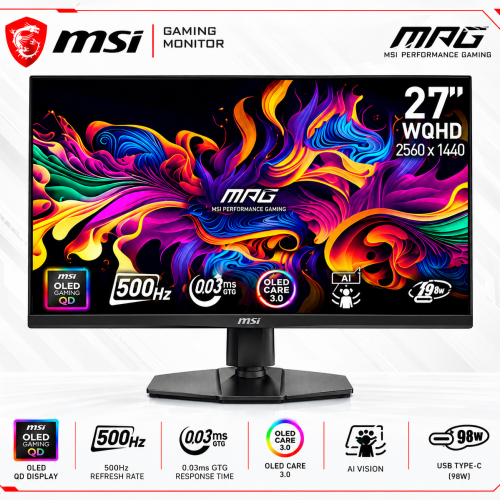 MSI MPG 271QR QD-OLED X50 27-inch Gaming Monitor, WQHD 2K, 500Hz, 0.03ms, DisplayPort 2.1a, HDR True Black 500, Black MSI MPG 271QR QD-OLED X50 27-inch Gaming Monitor, WQHD 2K, 500Hz, 0.03ms, DisplayPort 2.1a, HDR True Black 500, Black