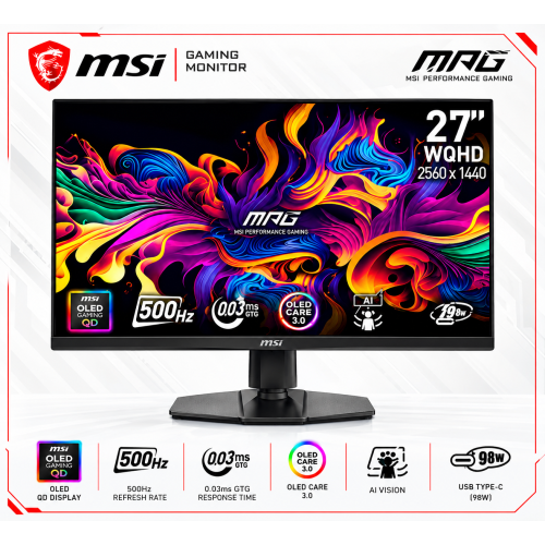 MSI MPG 271QR QD-OLED X50 27-inch Gaming Monitor, WQHD 2K, 500Hz, 0.03ms, DisplayPort 2.1a, HDR True Black 500, Black MSI MPG 271QR QD-OLED X50 27-inch Gaming Monitor, WQHD 2K, 500Hz, 0.03ms, DisplayPort 2.1a, HDR True Black 500, Black