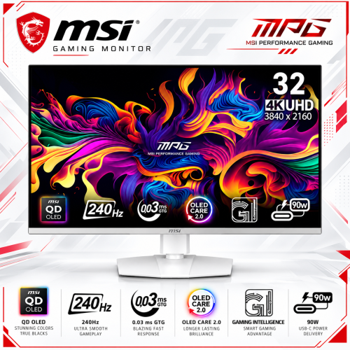 MSI MPG 321URXW QD-OLED 32-inch Gaming Monitor, 4K UHD, 240Hz, 0.03ms, HDMI 2.1, HDR True Black 400, White MSI MPG 321URXW QD-OLED 32-inch Gaming Monitor, 4K UHD, 240Hz, 0.03ms, HDMI 2.1, HDR True Black 400, White