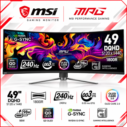 MSI MPG 491CQPX QD-OLED 49-inch Curved Gaming Monitor, DQHD 5120x1440, 240Hz, 0.03ms, 1800R, HDMI 2.1, HDR True Black 400, Black MSI MPG 491CQPX QD-OLED 49-inch Curved Gaming Monitor, DQHD 5120x1440, 240Hz, 0.03ms, 1800R, HDMI 2.1, HDR True Black 400, Black