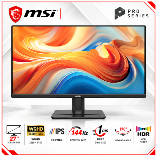 MSI PRO MP275Q E14 27-inch Business Monitor, WQHD 2K, IPS, 144Hz, 1ms MPRT, HDMI 2.0b, DisplayPort 1.2a, HDR Ready, Black MSI PRO MP275Q E14 27-inch Business Monitor, WQHD 2K, IPS, 144Hz, 1ms MPRT, HDMI 2.0b, DisplayPort 1.2a, HDR Ready, Black