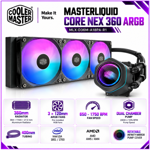 Cooler Master MasterLiquid Core NEX 360 ARGB 360mm AIO Liquid CPU Cooler, 3x120mm ARGB Fans, Black Cooler Master MasterLiquid Core NEX 360 ARGB 360mm AIO Liquid CPU Cooler, 3x120mm ARGB Fans, Black