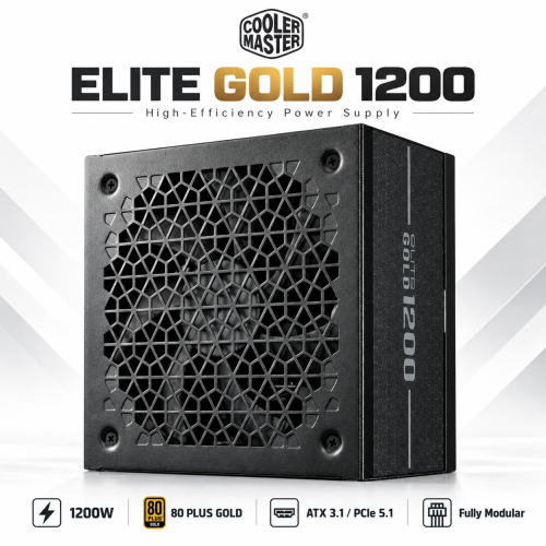 Cooler Master Elite Gold 1200W 80 PLUS Gold Fully Modular ATX 3.1 PCIe 5.1 Power Supply, 135mm FDB Fan, Black Cooler Master Elite Gold 1200W 80 PLUS Gold Fully Modular ATX 3.1 PCIe 5.1 Power Supply, 135mm FDB Fan, Black